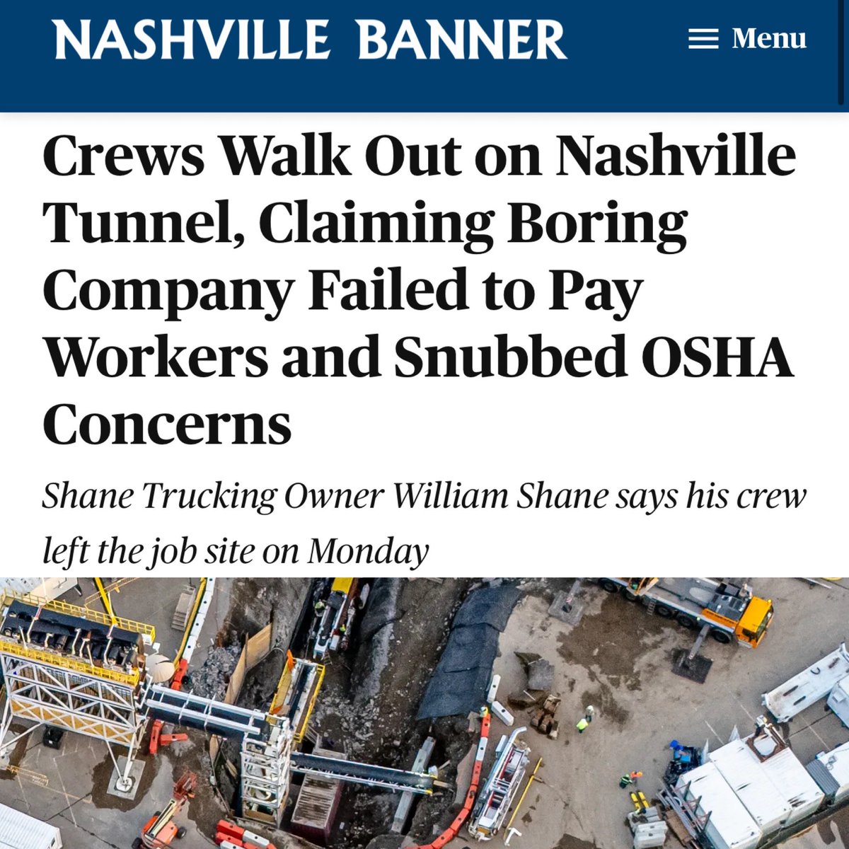 TheTNHoller's tweet image. WOWWWWW—  “Crews walk out on on Nashville tunnel, claiming Musk’s Boring Company Failed to Pay Workers and Snubbed OSHA concerns”

As we suspected, that absurd not-a-town-hall with Steve Davis aged like guacamole 🥑  (from @_SarahGTaylor) nashvillebanner.com/2025/11/25/bor…