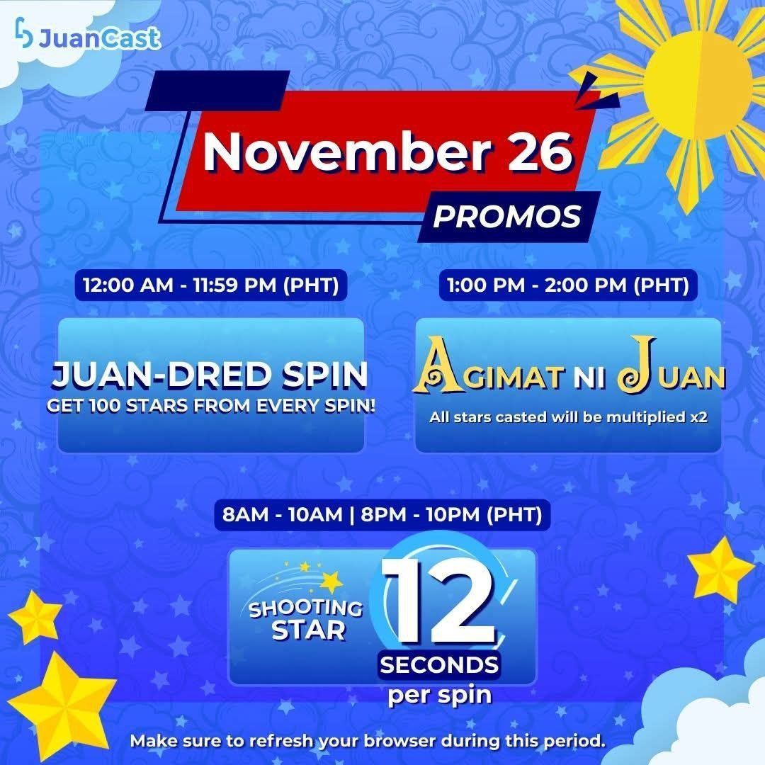 ‼️‼️‼️

*100 stars per spin is until 11:59PM pa! Grab nyo na! 

*Sa hindi naka abot ng 12 secs. per spin, may chance pa mamayang gabi-8PM-10PM. 

*Please, don't forget to cast your stars from 1PM-2PM , para ma multiply by 2! 

* Lastly, 50 % off is still available until 1PM!!