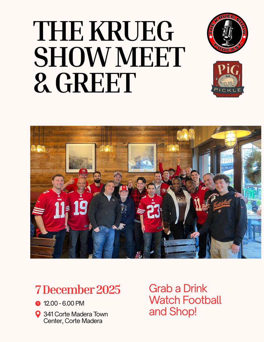 sportslarryk's tweet image. Join me on Sunday December 7th, during the #49ers’ week #14 Bye at @PigPickle in Corte Madera for The Krueg Show Meet &amp;amp; Greet. We will be giving away a Ricky Pearsall signed mini helmet to 1 lucky Niners fan , courtesy of Sharp Corners Sports Cards and Collectibles. Stop by and…
