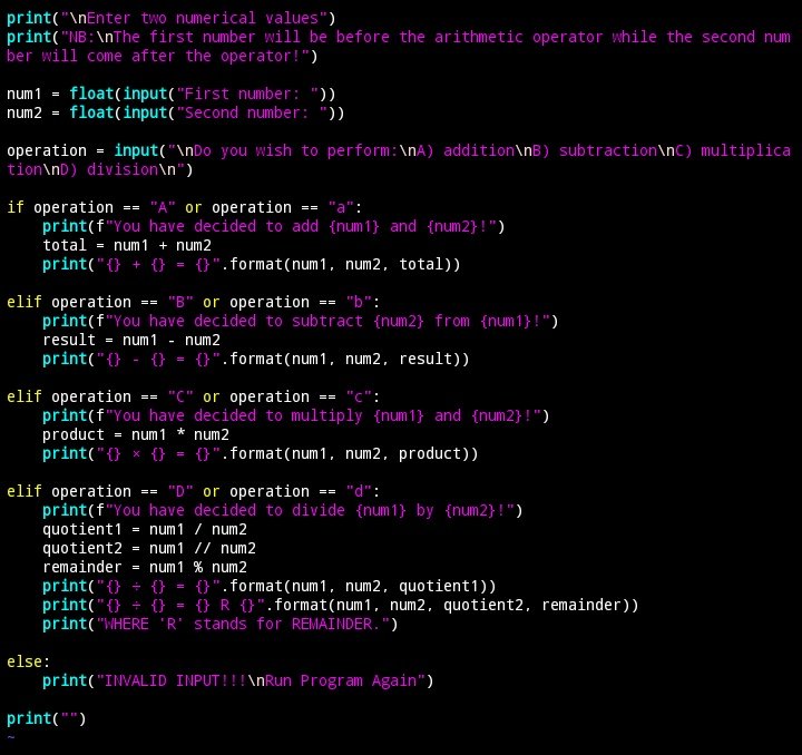 Aria_meloDrama's tweet image. #day4 as a python newbie

Learned: lists, tuples, dictionaries, more on strings, and nested loops.

Functions is next 👍

Created a basic silly terminal calculator?

On the left lies my code, on the right displays how it works. 😁 #pythonlearning #newbie