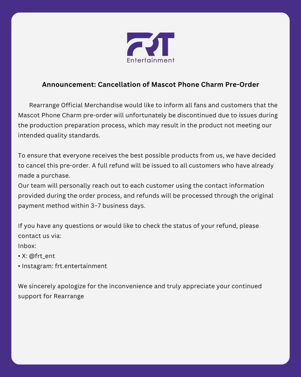 frt_ent's tweet image. ประกาศ ยกเลิกการพรีออเดอร์สินค้า Mascot Phone Charm

Announcement: Cancellation of Mascot Phone Charm Pre-Order

#RearrangeTheSeries
#FRTentertainment
