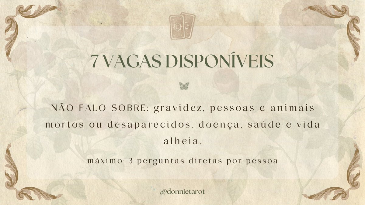 🔮 7 VAGAS PARA LEITURA GRATUITA DE TAROT 🔮

Decidi abrir algumas vagas gratuitas para captação de novos feedbacks.

Por muito tempo, atendi apenas esporadicamente com as cartas, e acabava não me preocupando em pedir ou guardar feedbacks que eu recebia dessas tiragens.

[ ++ ]