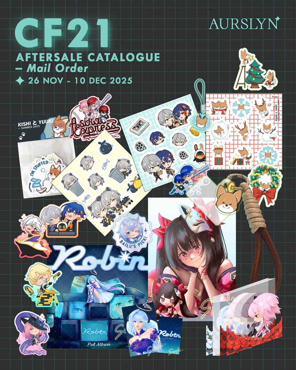 aurslyn's tweet photo. [💖 &amp; 🔁 appreciated ദ്ദി◝ ⩊ ◜.ᐟ] 
AuRSLYN's #CF21 Aftersale catalogue is open! 

🗓️ 26 Nov- 10 Dec 2025
📦 Mail Order  
🔗 https://t.co/CFnB7pqc4r

🏷️ Hoyoverse (HSR, ZZZ), Original

#CFXXI #cf21catalogue 🔽(scroll for more) https://t.co/WzJvm4qIfr