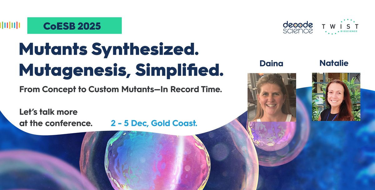 Decode_Science's tweet image. 🔬 Mutants Synthesized. Mutagenesis, Simplified.

We’re heading to CoESB 2025, Gold Coast! Decode Science, with @TwistBioscience, is presenting site-directed mutagenesis which is faster, precise, and cost-effective.

🔗 Read more: decodescience.com.au/partners/twist…

#Genomics #BioTech