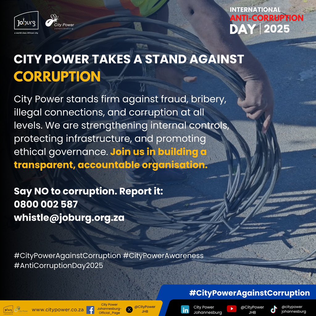 CityPowerJhb's tweet image. City Power remains committed to strengthening transparency and accountability across all our operations. We are taking active steps to prevent fraud, bribery, illegal connections and other forms of corruption that undermine service delivery.

If you encounter any form of…