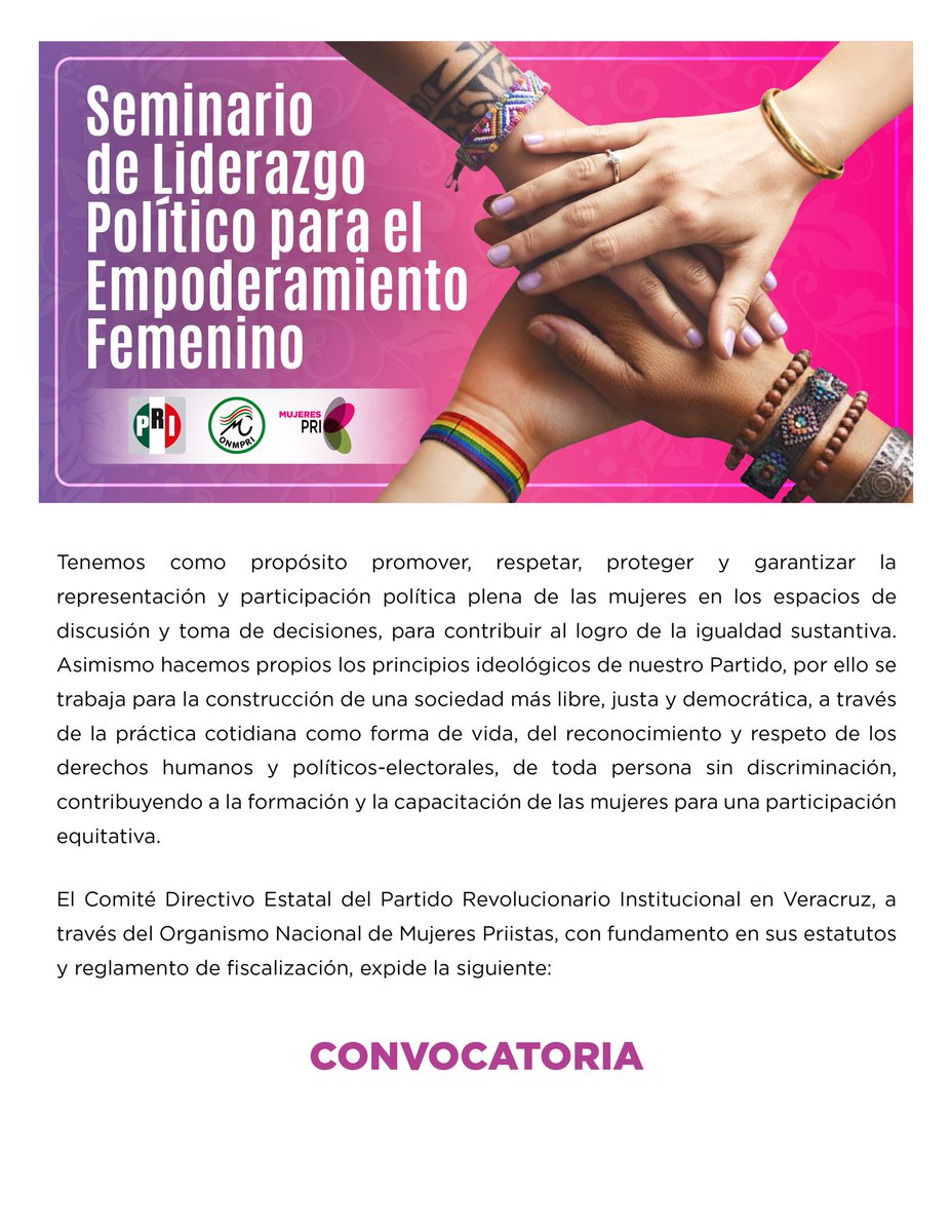 ONMPRIVER1's tweet photo. El Comité Directivo Estatal del Partido Revolucionario Institucional en Veracruz, a través del Organismo Nacional de Mujeres Priistas, con fundamento en sus estatutos y reglamento de fiscalización, expide la siguiente: 🔴CONVOCATORIA🔴 https://t.co/nD13ZYPp7k