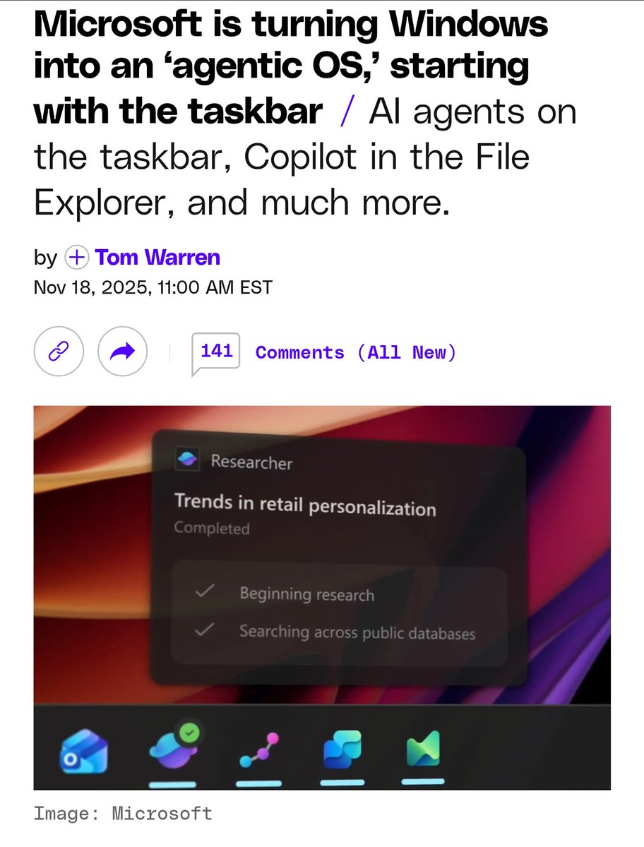 CryptoCyberia's tweet image. Microsoft is adding AI to the taskbar to further enshittify the OS.

Copilot is so good, they have to forces their staff to use it and shove it in the OS.

I would legitimately pay $1000 dollars a year to have Windows 7 with all modern software supported and security updates.