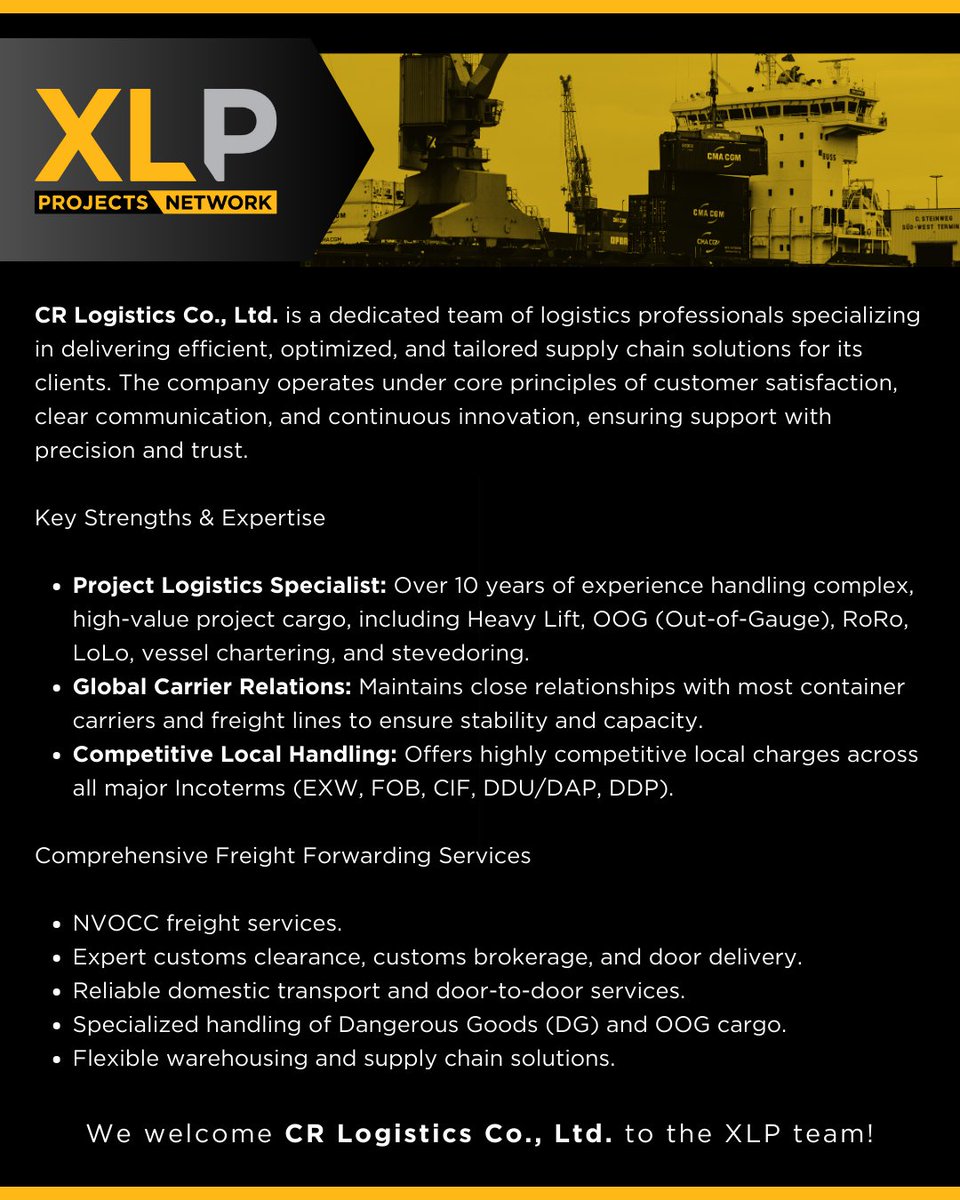 XLPNetwork's tweet image. We welcome CR Logistics Co., Ltd. in Incheon, Republic of Korea to the XLP team! 🌎

🔎 Read more: xlprojects.net/cr-logistics-c…

#XLProjects #AINetworks #ProjectCargo #LogisticsNetwork #freightnetworks #CRLogisticsCoLtd