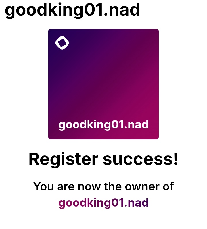 I just minted goodking01.nad as my Nad name for life, straight from <a href="/haha_app/">HaHa Wallet 😂 (mainnet arc)</a> wallet.

Powered by <a href="/NadDomains/">Nad Name Service ⨀ (mainnet arc)</a>, built natively for the <a href="/monad/">Monad (mainnet arc)</a> ecosystem

Every real Nad should own theirs.
Mint yours now 👇
api.nad.domains/nadcard/goodki…

<a href="/LumiterraGame/">Lumiterra (mainnet arc)</a> fam, what’s your Nad name?