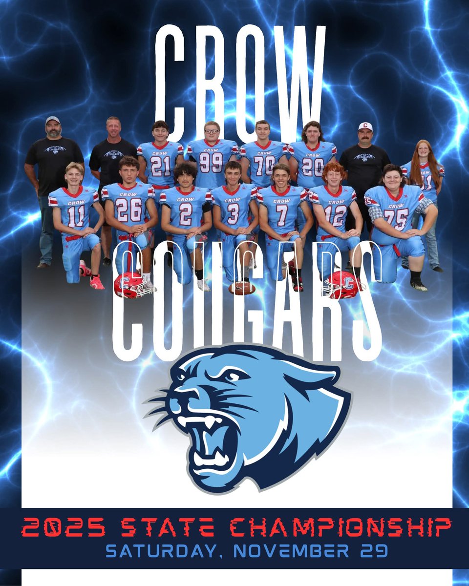 Come support our boys! This is only the second time in school history that Crow has made it to the Championship game.  We will have a team send off Friday @ 10am and a rooter bus saturday.
#letsGoCougars