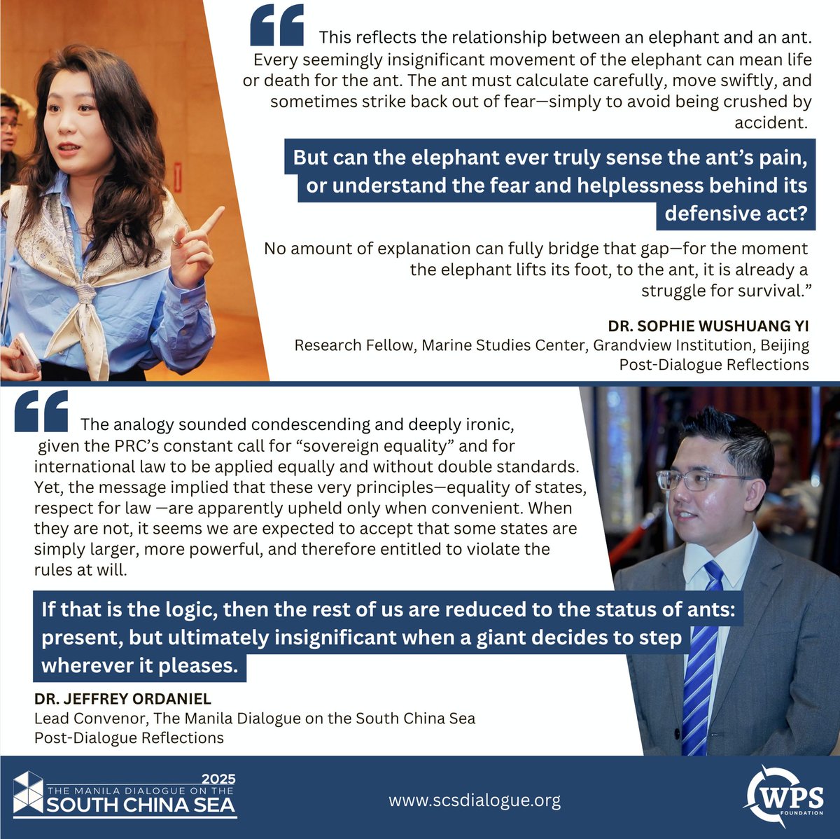 wps_ph's tweet image. #MNLDialogue Insights

China as an “elephant” and Southeast Asian claimants as mere “ants”?

Dr. Yi of Grandview Institution, Beijing at the Manila Dialogue and part of her post-event reflections: &quot;Every seemingly insignificant movement of the elephant can mean life or death for…
