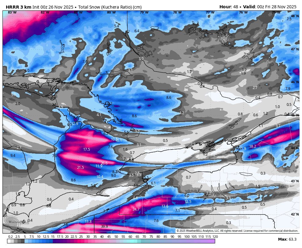 Latest HRRR accumulated snowfall through 7pm Thursday with another 30+hrs of snowfall to come across some areas 👇