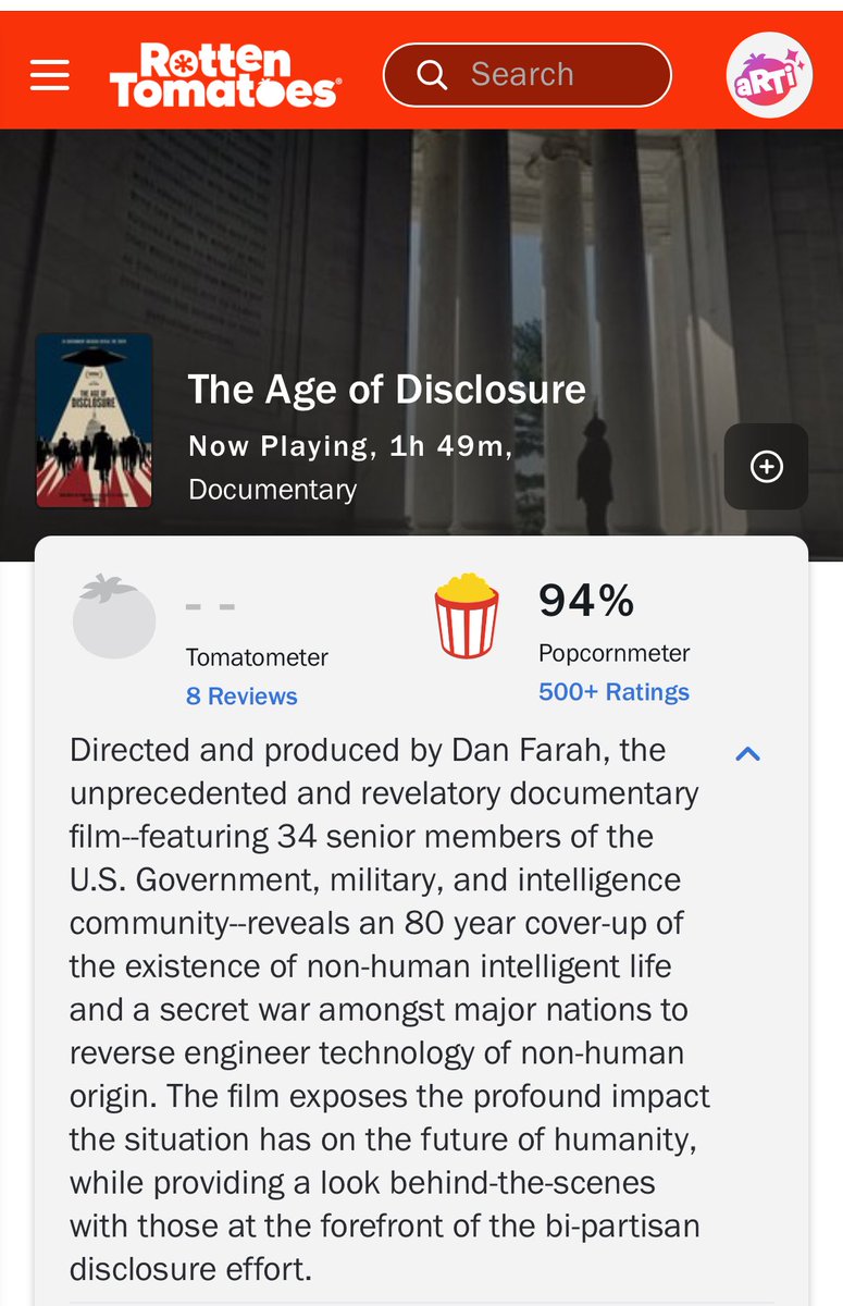 The Age of Disclosure now has a 94% rating on Rotten Tomatoes. Let’s get it to 100%! #AgeOfDisclosure 

rottentomatoes.com/m/the_age_of_d…