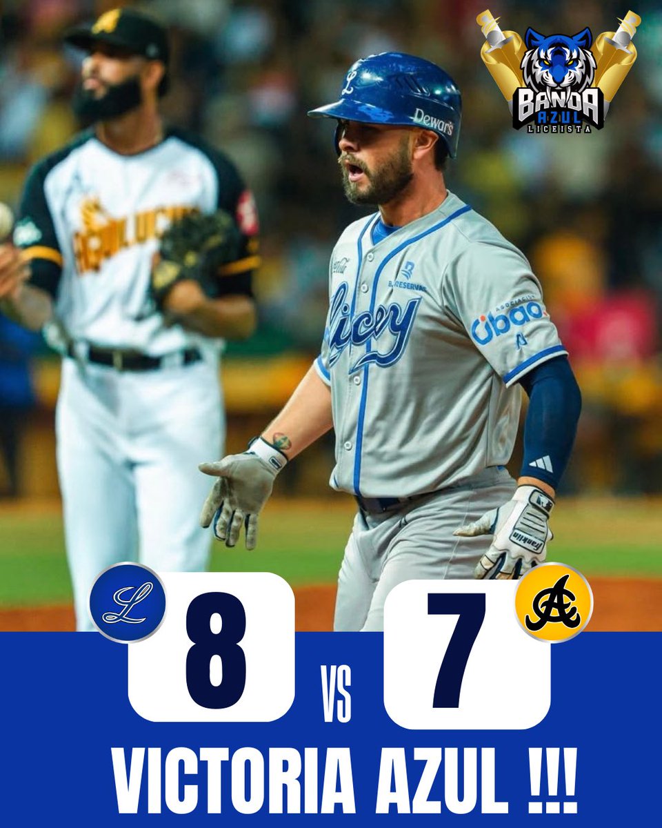 BandaAzulTL's tweet image. ¡ETO SE ACABÓÓÓÓ! 🔥💙🐯

Victoria para los #Licey, viniendo de atrás y logrando un comeback espectacular para derrotar a las #Águilas en Santiago, con el estadio reventao a capacidad. 🤯⚾

¡8 x 7 ARRIBAAAAA EL EQUIPO AZUL! 💙🔥🐯

#BandaAzul #ElGlorioso 💙🐯