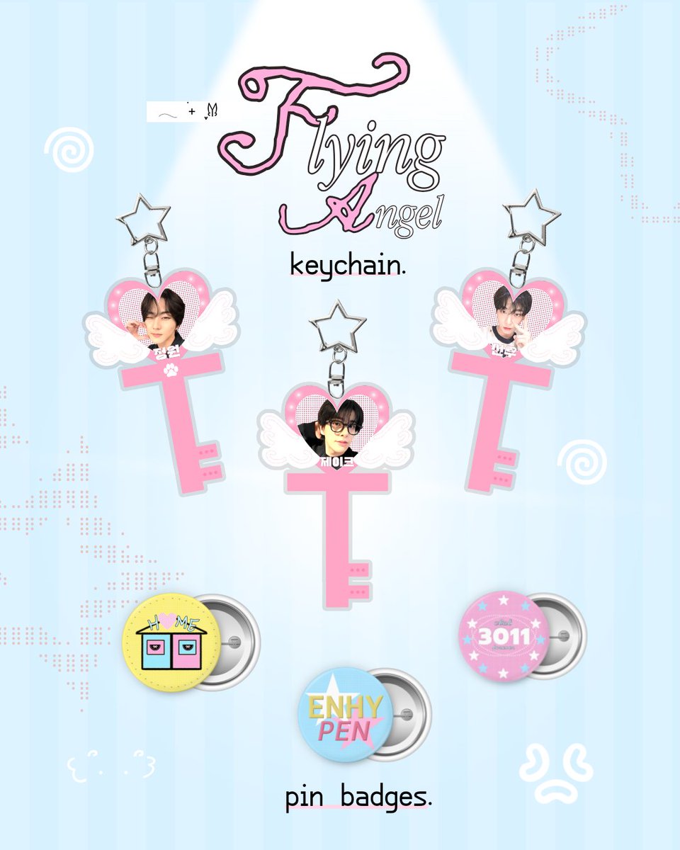 ( help rt + like are very appreciated )

💌 pre order flying angel 🪽 keychain &amp; pin — now open!

• keychain open custom for all idols!
• period ; 26 nov - 4 des
• price ; 15 - 30k
• form &amp; details ; bit.ly/POFlyingAngel

thank u !