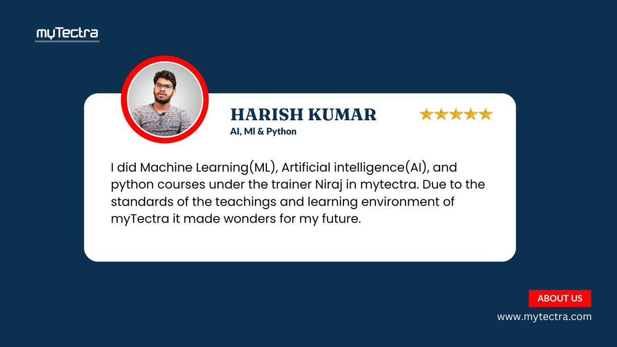mytectra's tweet image. Unlock the Future with AI, ML &amp;amp; Python – My Learning Experience with Harish Kumar’s Training Program! 🚀

📞 Call Now: +91 8046810331
🔗 Visit: mytectra.com/it-courses/ai-… 

#AIML #PythonCourse #MachineLearning #ArtificialIntelligence #PythonDeveloper #myTectra #myTectraReviews