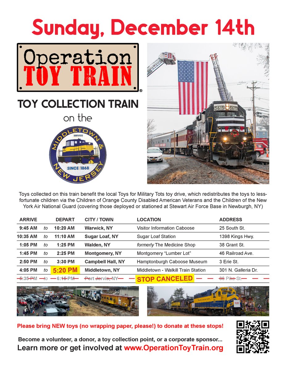OpToyTrain's tweet photo. ANNOUNCEMENT! Due to circumstances beyond our control, our railcars will not be returning to Port Jervis, New York after our toy collection trains this year. Therefore, we are canceling our toy collection stop in Port Jervis and extending our Middletown stop on December 14th. https://t.co/xiREDo0mya