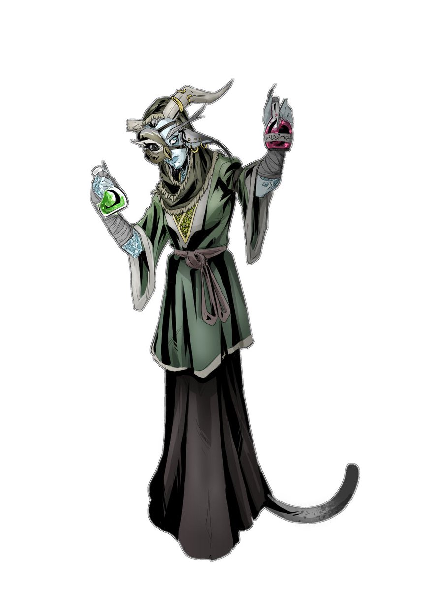 dev123433's tweet image. Here is the group's artificier, Nemati-Nas'taran Yaz'dani and she has horrific burn scars on 1/4 of her body due to an alchemical explosion. her cloak is for travel and camouflage.