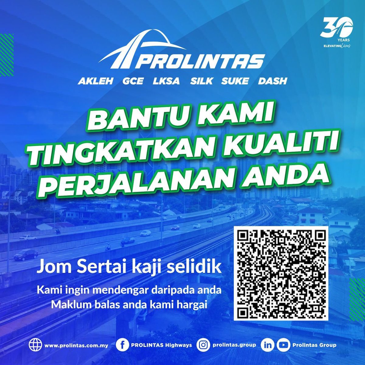 PROLINTAS kini menjalankan kaji selidik kepuasan pengguna bagi tujuan penambahbaikan perkhidmatan di enam lebuh raya kendalian kami.

📲 Sila imbas kod QR untuk sertai kaji selidik ini.

Maklum balas anda kami hargai.

Terima kasih.

#PROLINTASHighways