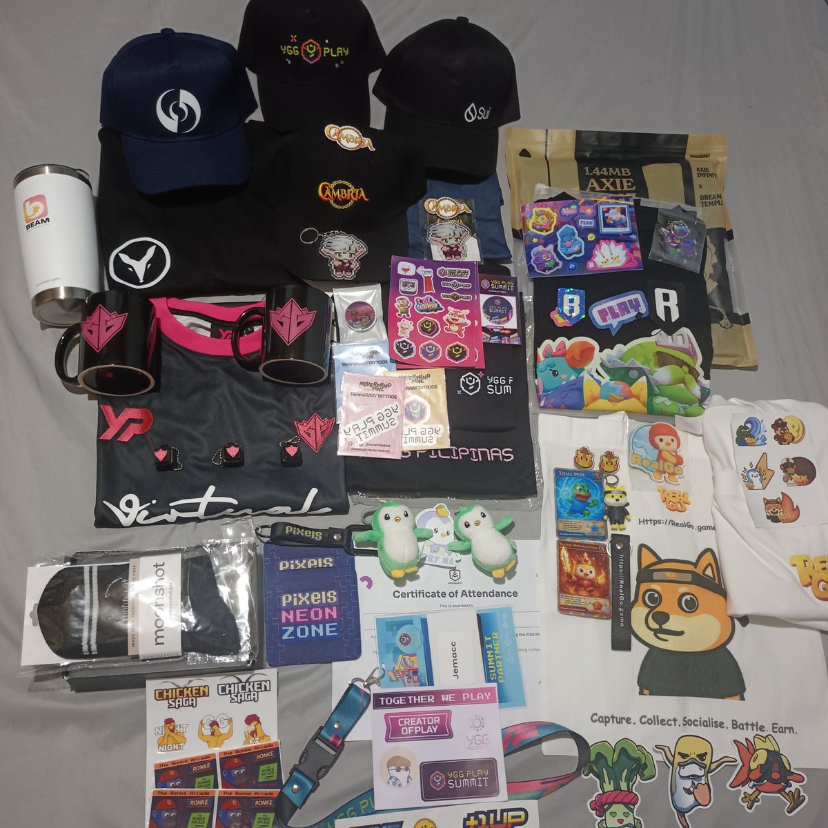 First time at <a href="/YGGPlaySummit/">YGG Play Summit</a>—super tiring but worth it. Survived four sleepless days with my friends/team. Also got way more merch than I expected ✨😂. Thanks to all the creators I met during the event🔥