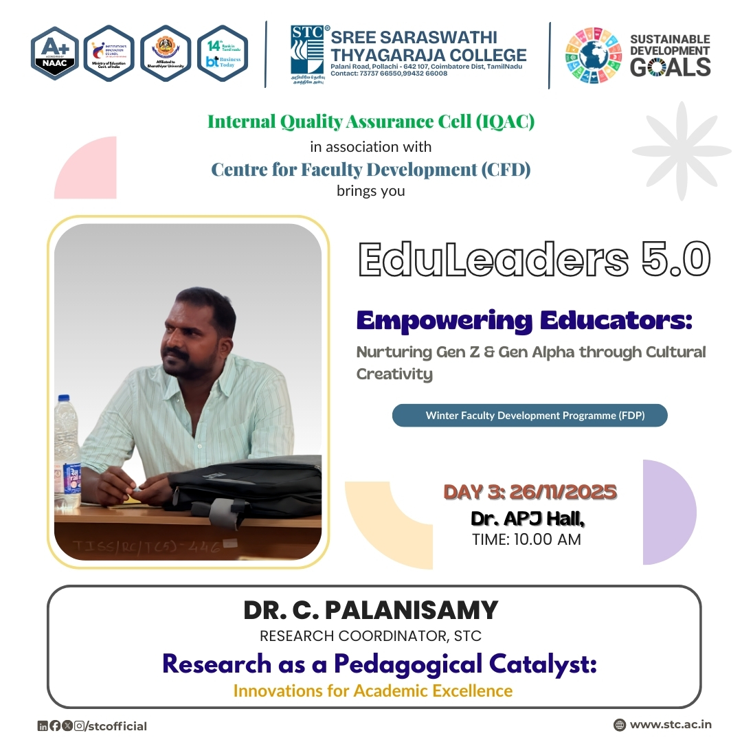 stc__official's tweet image. EduLeaders 5.0 continues!

Day 3 features Dr. C. Palanisamy on Research as a Pedagogical Catalyst - empowering educators to innovate for Gen Z &amp;amp; Gen Alpha.

Transforming teaching for a changing world.

#EduLeaders5 #FDP2025 #FacultyDevelopment #GenZ #GenAlpha #AcademicExcellence