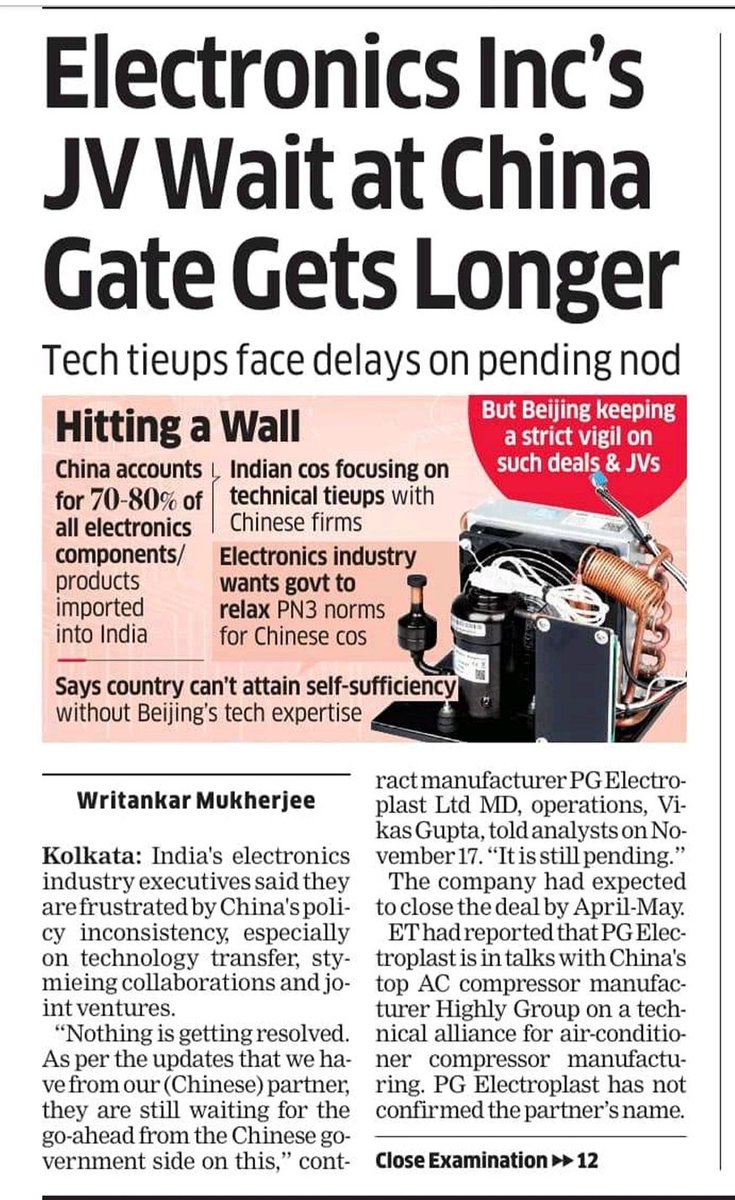 ShridhantS's tweet photo. EMS INDUSTRY 🤔

JV wait at china gate gets longer 

China accounts for 70-80% of all electronic component/ product into India 

#Amber
#PGElectroplast
#Epackdurable
#Dixon
#Kaynes
#BCCfuba https://t.co/tUNYYteVAN