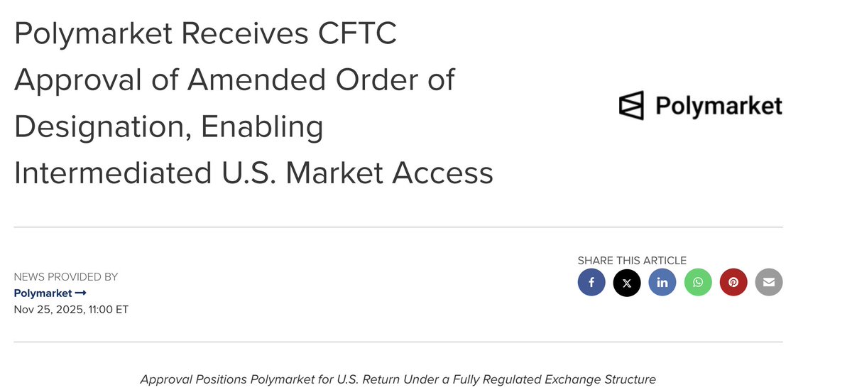 CFTC approved Polymarket’s amended order of designation.

That opens intermediated U.S. market access.
More access = more liquidity = better price discovery.

That’s the whole game for prediction markets.

link to the news - prnewswire.com/news-releases/…

<a href="/Polymarket/">Polymarket</a> higher!