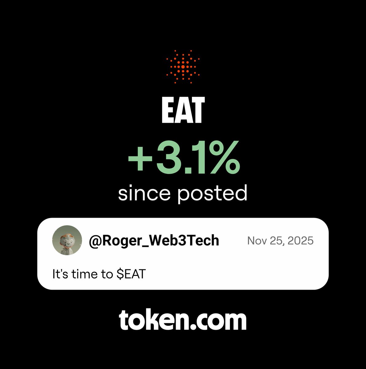 Roger_Web3Tech's tweet image. EAT is up 3.1% since @Roger_Web3Tech called it. Trade it on token.com/ref/undefined