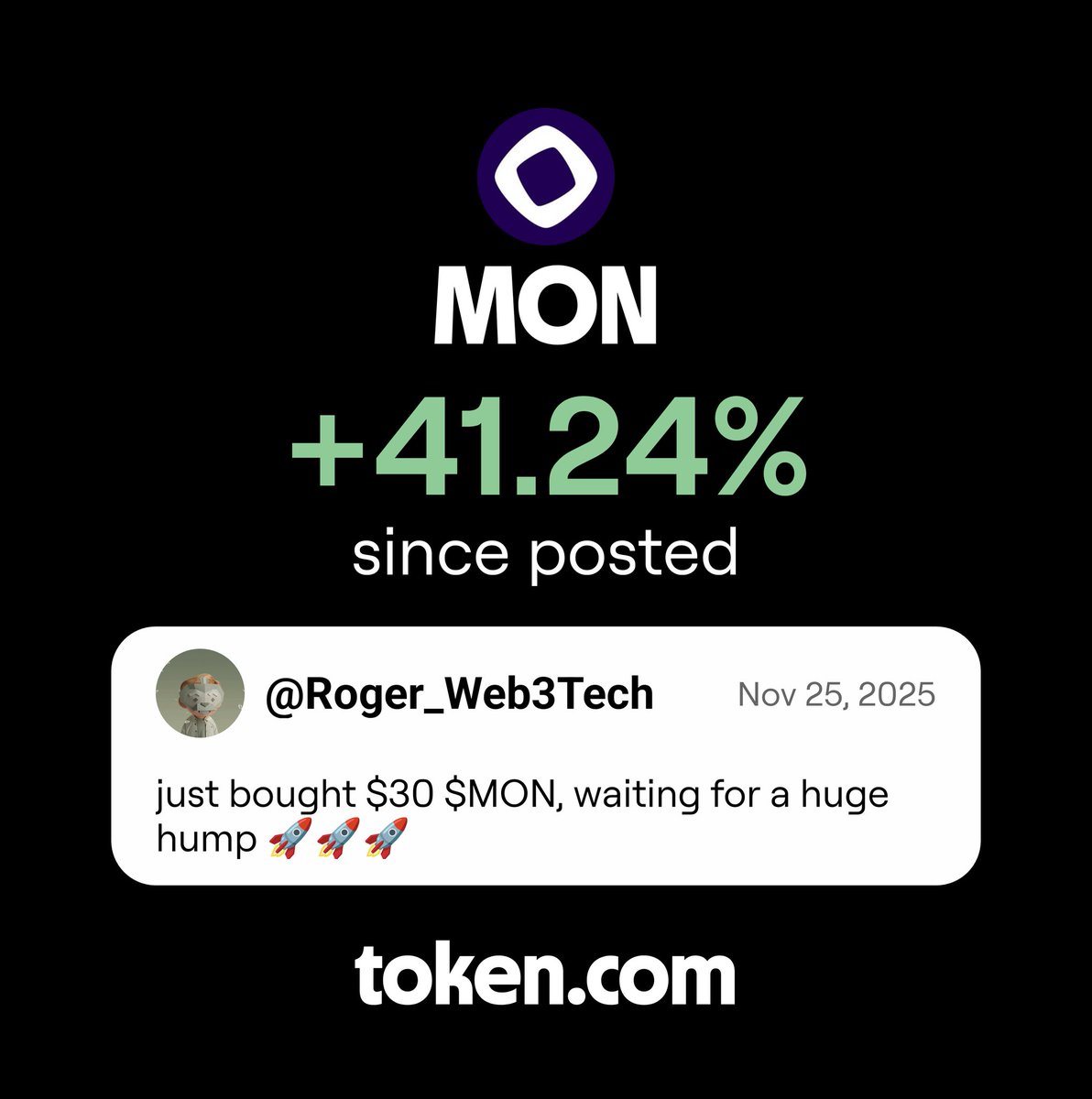 Roger_Web3Tech's tweet image. MON is up 41.24% since @Roger_Web3Tech called it. Trade it on token.com/ref/undefined
