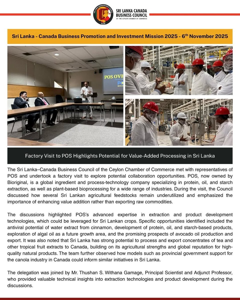 theslcbc's tweet photo. Factory Visit to POS Highlights Potential for Value-Added Processing in Sri Lanka

#SLCBC #Canada #SriLanka #BusinessCouncil #Delegation #BusinessMission #Investment #BilateralTies #Trade #BusinessOpportunities https://t.co/2f6coy2kOR