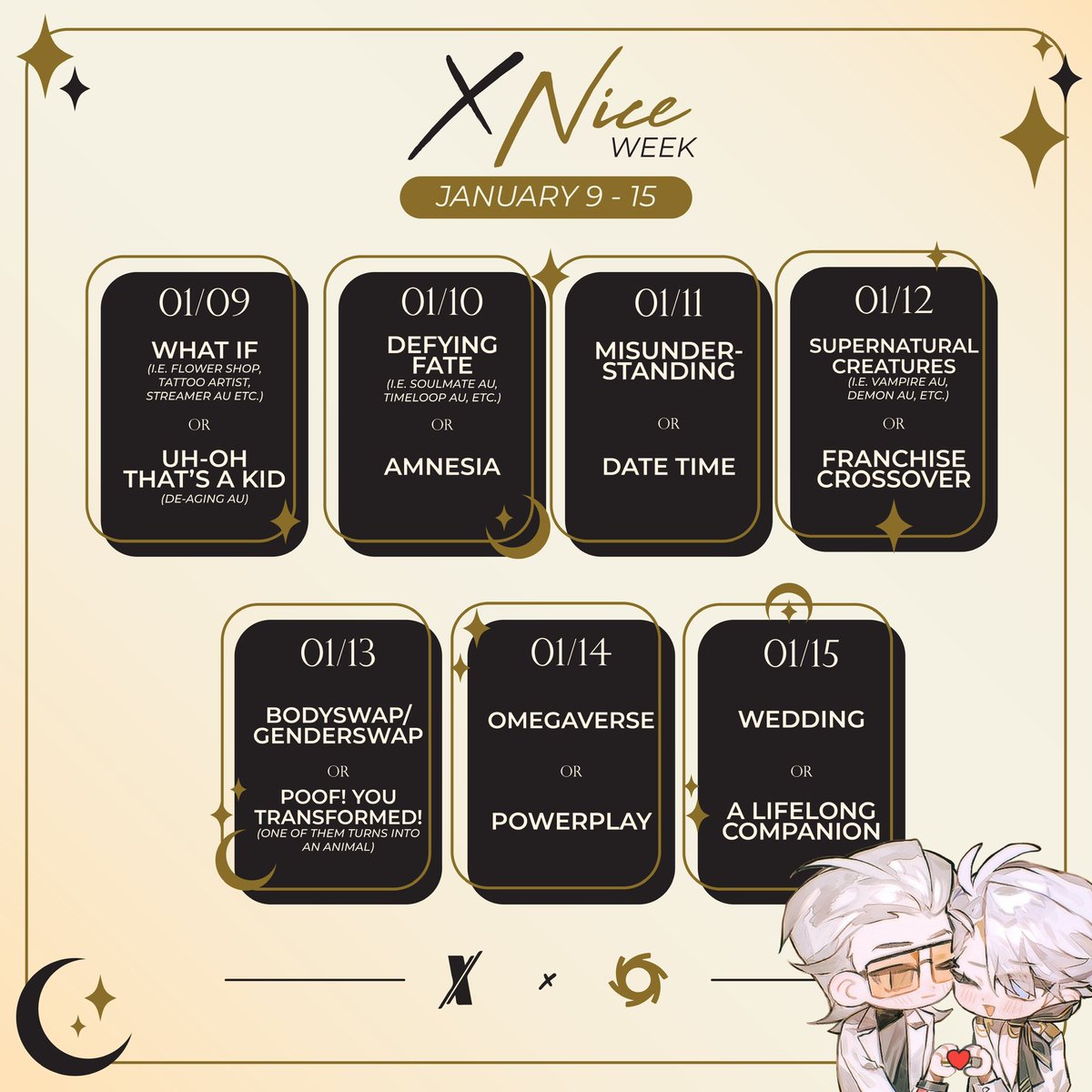 XNiceEvents's tweet image. Prompts list for #XNiceWeek2026 !!
Held on the 9th of January to 15th of January, 2026!
We’re looking forward to seeing everyone’s submissions~

🍰🕊️
#XNice #X奈 #凸变英雄X #TBHX