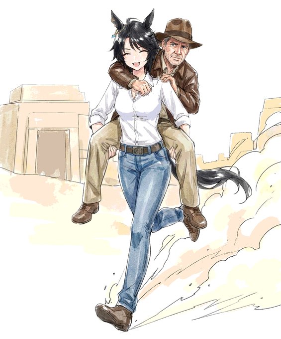 「フジ! 見つかった! 逃げるぞ!」 「はいはーいっと、行きますよ～あははいやぁ先生は人気もので妬けてしまうなあ!」 「そんなこと言ってる場合か! スピード出せ! ほら来たぞ……撃つから耳塞いでろよ!」 「抱えたままじゃね!」 ウマ娘/インディ・ジョーンズ #ウマ娘クロスオーバー
