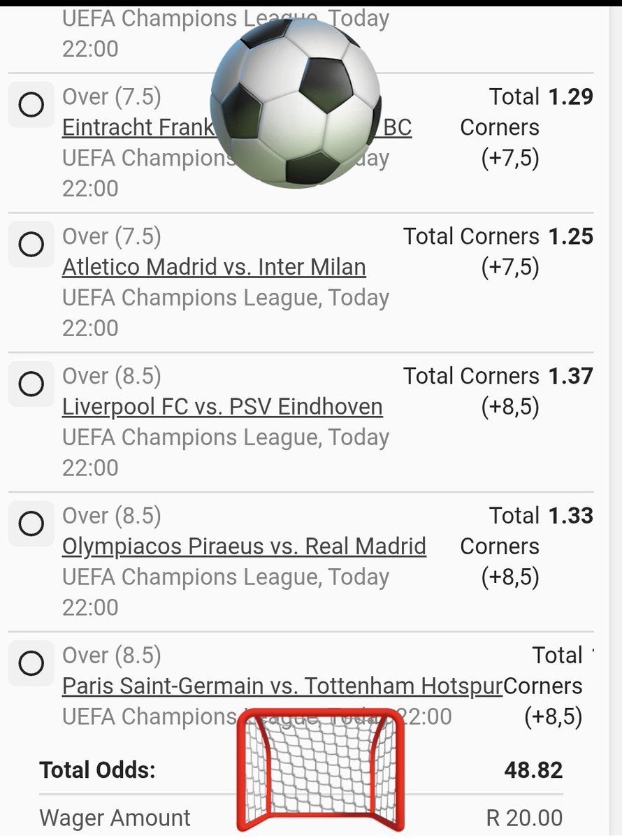 LeswiiSwaMina's tweet image. Corners MARKETS ⚽️🥅

 Multi Bet betslip : BW23E87679 new.betway.co.za/book-a-bet-res…
Kick OFF  : 19;45 ⌚️ 
Odds-ON: 48  🍏🫡