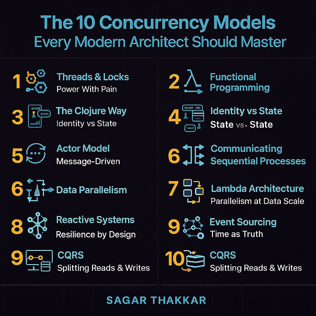 thakkarsagar12's tweet image. 10 Concurrency Models
1. Threads &amp;amp; Locks
2. Functional Programming
3. Clojure’s Identity vs State
4. Actor Model
5. CSP
6. Data Parallelism
7. Lambda Architecture
8. Reactive Systems
9. Event Sourcing
10. CQRS
#SystemDesign #Concurrency #TechArchitecture #SagarThakkar