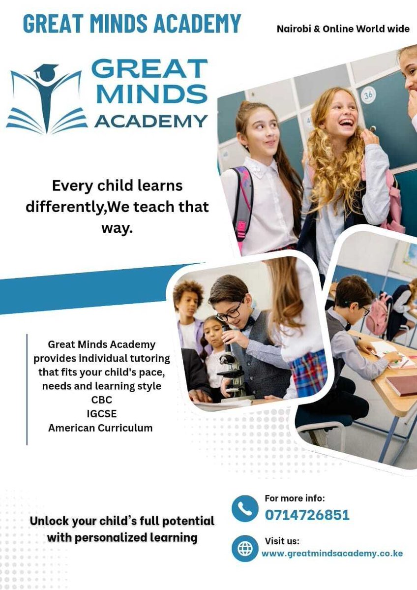 GreatMinds87496's tweet image. Unlock your child’s full potential with personalized learning. #GreatMindsAcademy #PersonalizedLearning #NairobiEducation #OnlineTutoring #CBC #IGCSE #AmericanCurriculum #StraightAs #EducationForAll