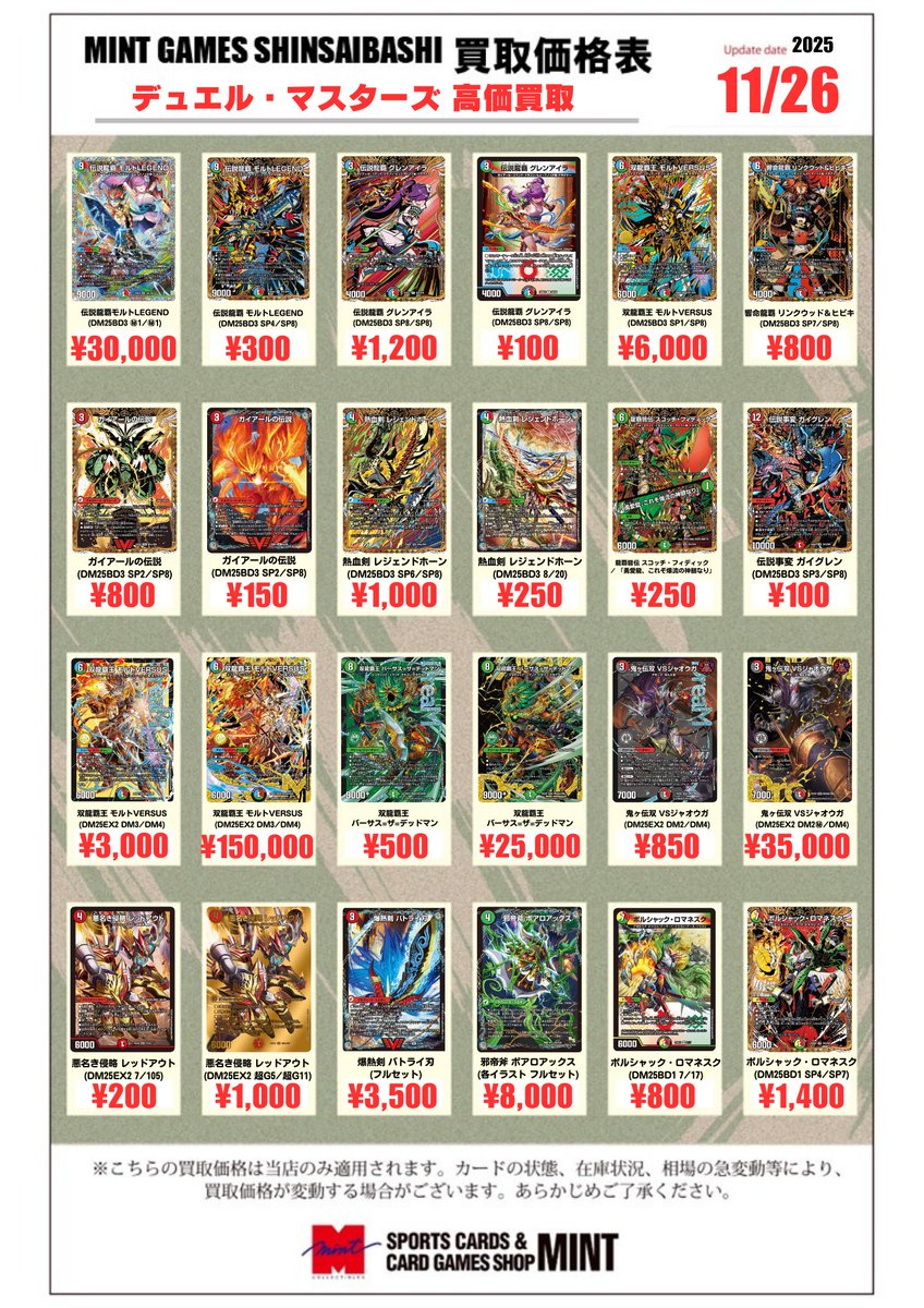 デュエルマスターズ】 本日のデュエマ買取表更新しました