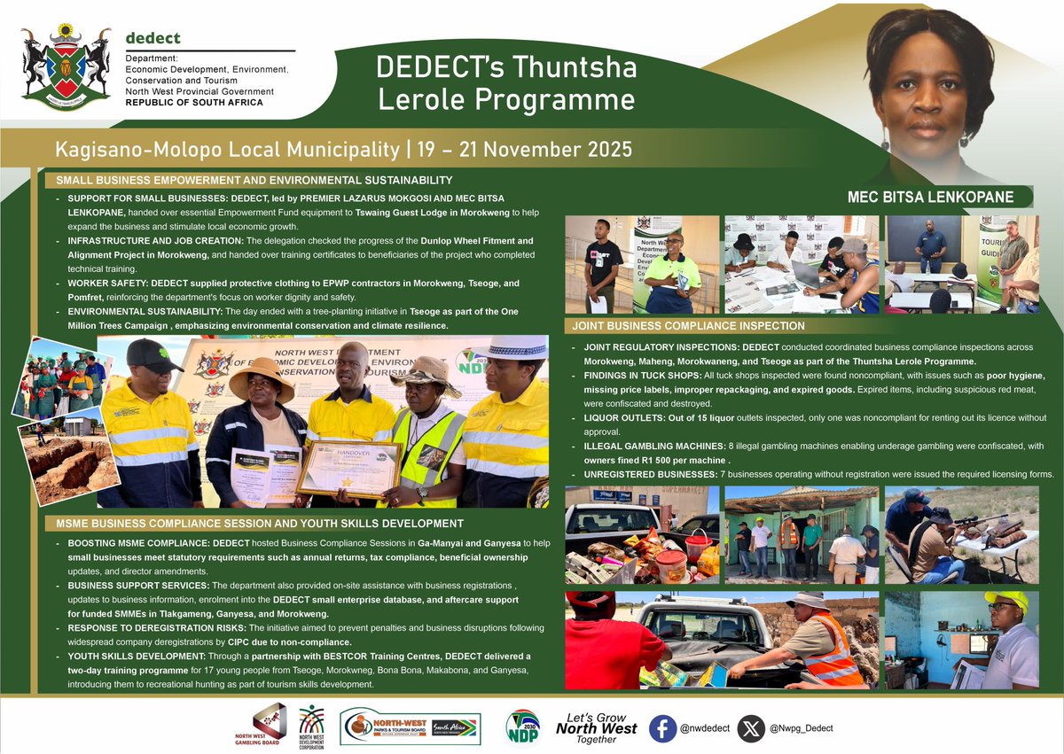 DEDECT's Thuntsha Lerole Programme Highlights | Kagisano Molopo Local Municipality | 19 - 21 November 2025.

#ThuntshaLerole #LetsGrowNorthWestTogether #LeaveNoOneBehind #NorthWestProvince #NWPG #dedect