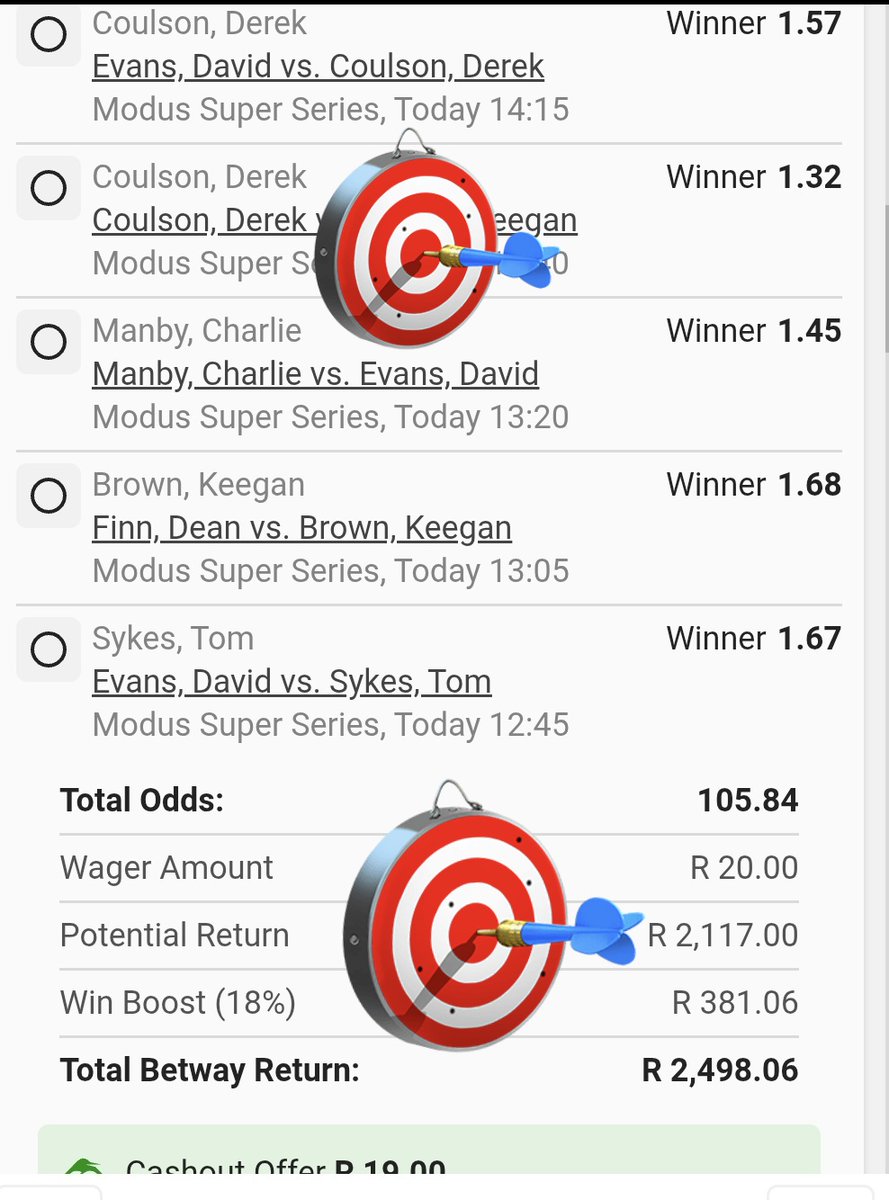 LeswiiSwaMina's tweet image. 105 Odds-ON Darts 🎯🎯🎯

Multi Bet betslip : BW23E87C63 new.betway.co.za/book-a-bet-res…
Start TIME ; 12;00 ⌚️ 🎯🎯