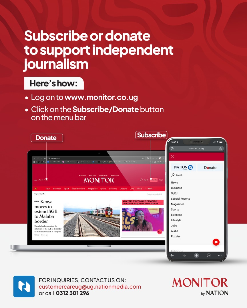 Good folks, we have one major duty today – keep independent journalism alive!

Magic number? 5k new subscribers with the <a href="/DailyMonitor/">Daily Monitor</a>.

Reason?

All your premium content: bit.ly/4oX1MBd

E-paper: bit.ly/4rirwJN

Donate: donate.monitor.co.ug

Asante sana 👏🏾