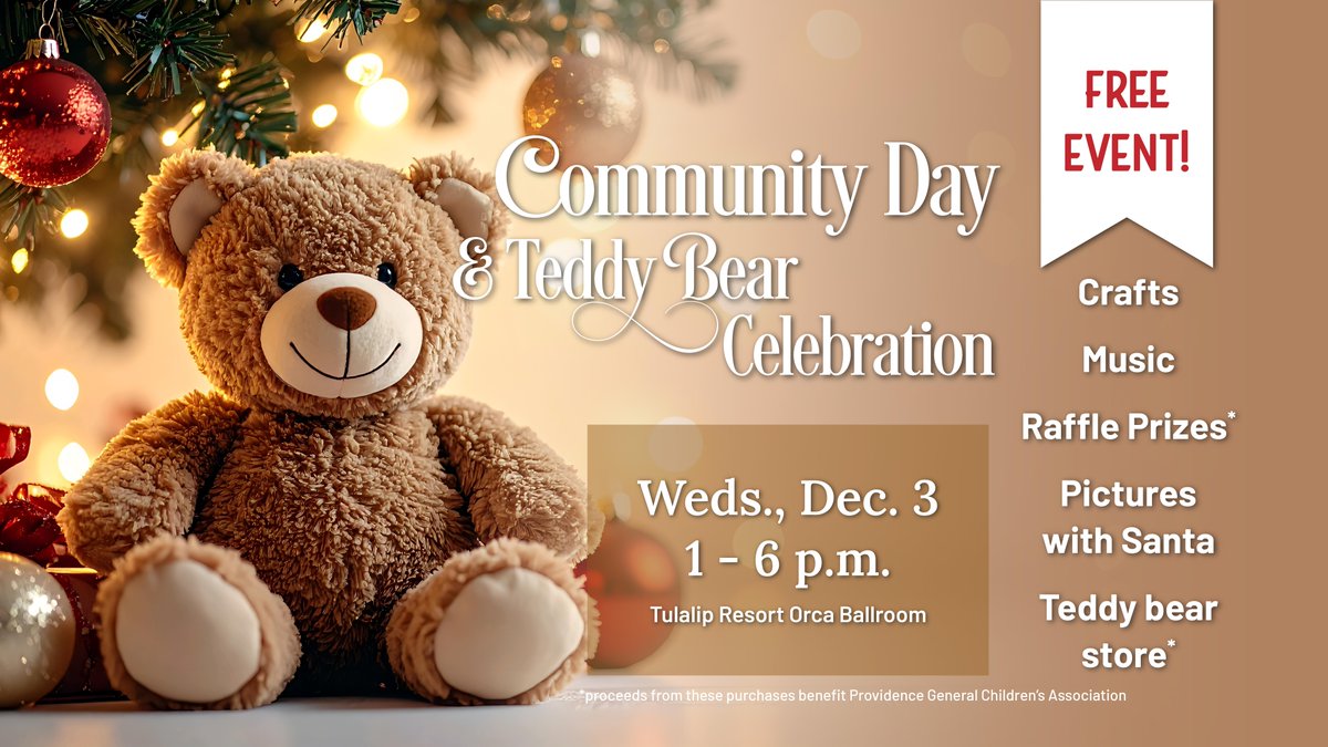 🎄✨ Festival of Trees Community Day 🎅📸

1-6 p.m., Wednesday, Dec. 3, at the <a href="/TulalipResort/">Tulalip Resort</a>
FREE family fun: trees, crafts, raffles &amp; teddy bear shop 🧸🎁

👉 Register: provhealth.org/6181W4p23

#FestivalOfTrees #HolidayMagic #ProvidenceGeneralFoundation
