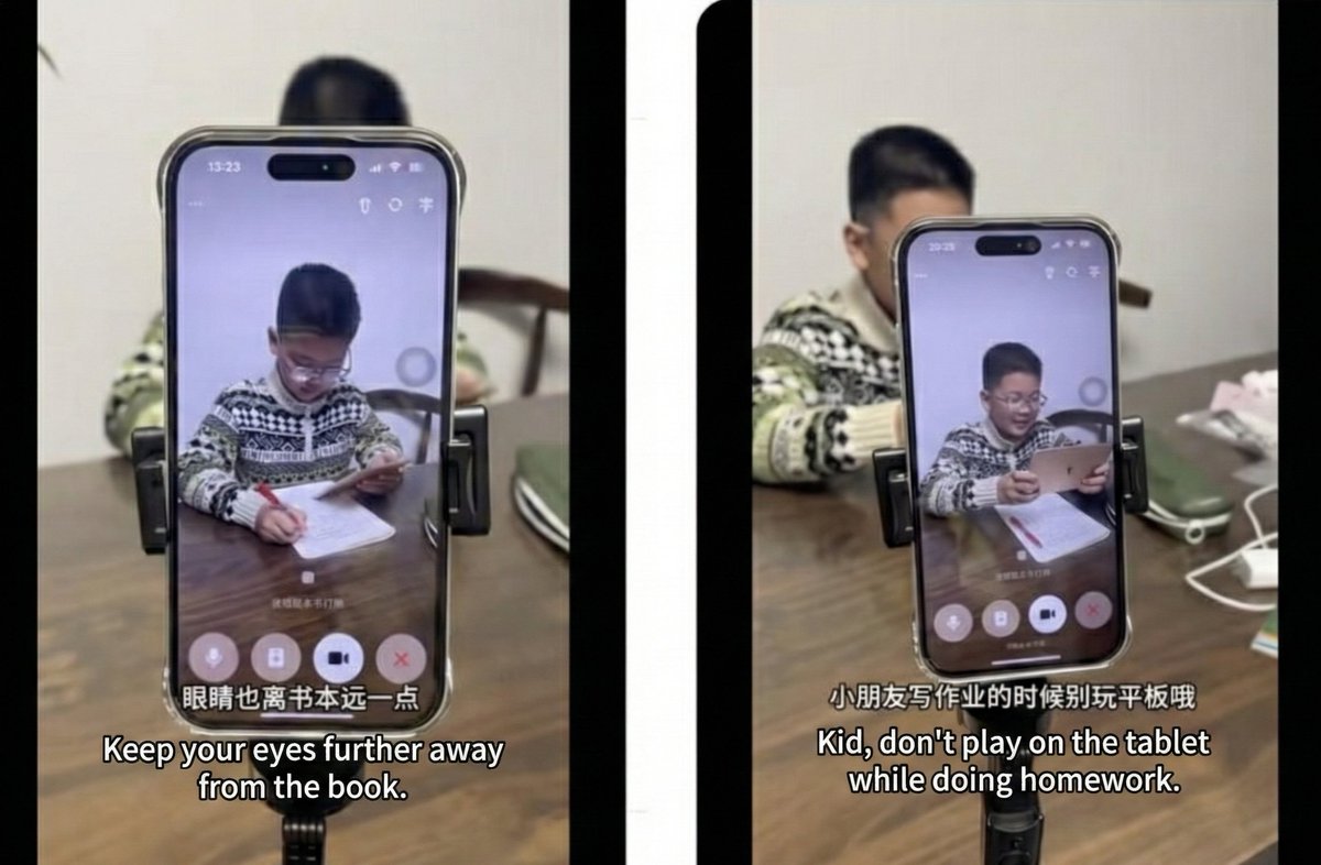 poezhao0605's tweet image. 😂 Chinese parents are finding a new use for AI assistants. They&apos;re deploying them as homework monitors.

Here&apos;s the setup with ByteDance&apos;s Doubao AI. Parents start a video call and aim the camera at their child. One simple prompt: &quot;Doubao, watch my kid. Remind him when he loses…