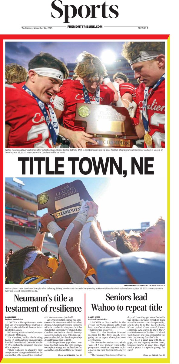RandySpeer_FT's tweet photo. Tomorrow would be a good day for @Wahoo_Football and @BNCavsFootball fans to pick up a copy of the Fremont Tribune.

I'm excited to add this one to my wall of state title sports fronts. https://t.co/IDY85Chd8n
