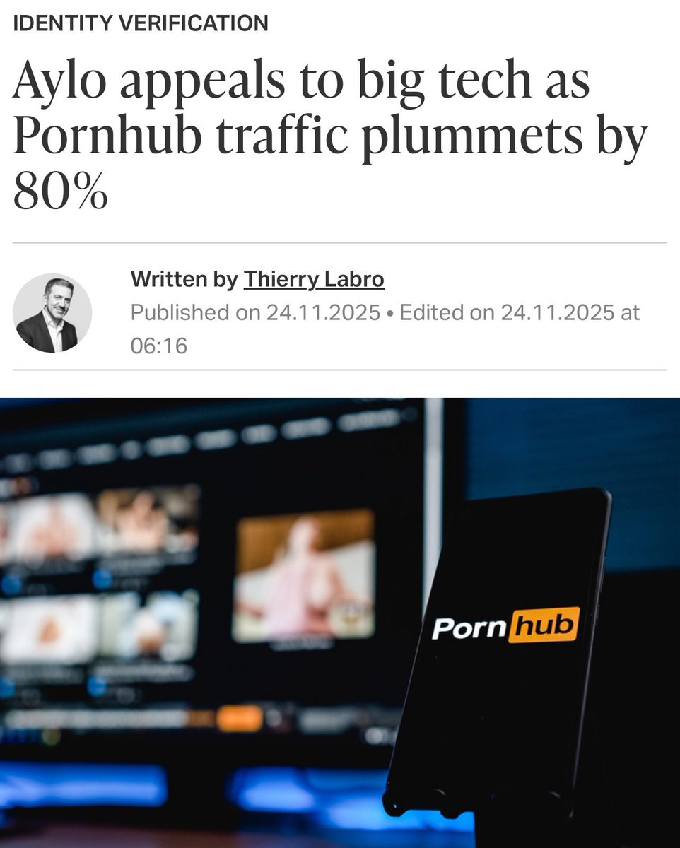 LailaMickelwait's tweet image. The P0rnhub Sex Trafficking Crime Scene has had an 80% drop in site visits in states and countries that enacted age verification laws. Now the company is begging Apple and Google to take the responsibility of age verification from them because it’s hurting their free p*rn…