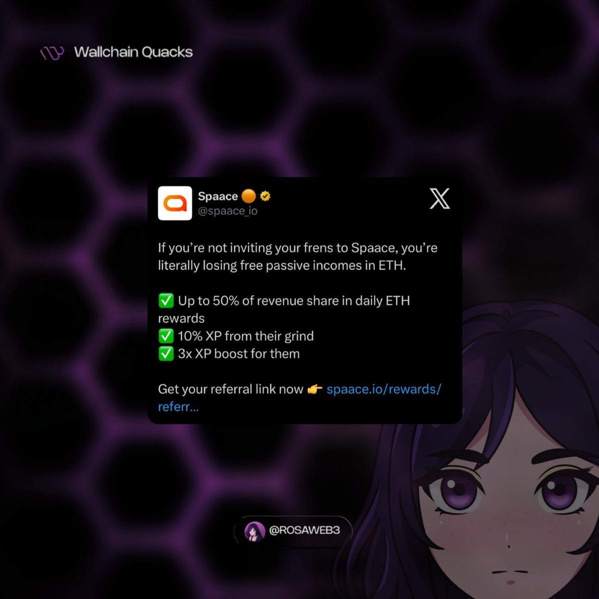 Rosaaa's tweet image. Spaace just introduced one of the most impactful referral expansions we have seen across the ecosystem and it immediately shifts how people can participate.

Daily ETH rewards, shared revenue and XP boosts work together on @spaace_io in a way that turns referrals into a steady…