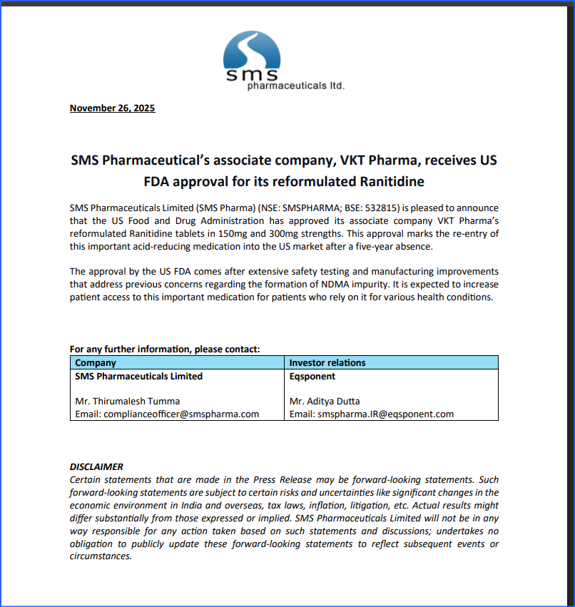 ThanksDeepest's tweet photo. SMS Pharmaceuticals Ltd -SMS Pharmaceutical’s Associate Company, VKT Pharma, receives US FDA approval for its reformulated Ranitidine https://t.co/IRQiWGySrc