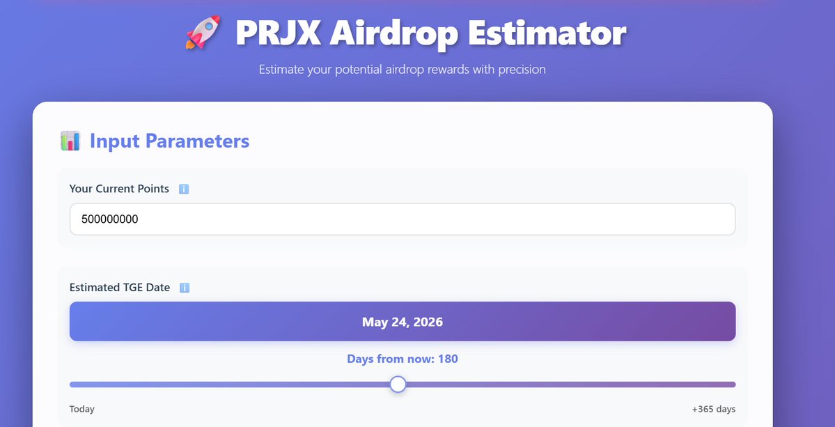 web3wikis's tweet image. Would a PRJX airdrop estimator make your PRJX journey more prjxgressive?

Now, airdrops aren&apos;t promised, but I created a fun tool for those who want to play with some PRJX numbers here: 👉prjx-airdrop-est.vercel.app

How many PRJX points have you earned, and how many PRJX tokens…