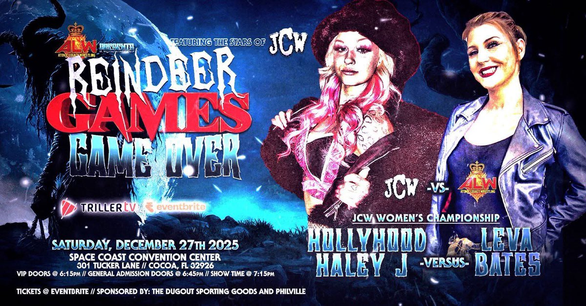 Cory_Hays407's tweet image. 🔥 JCW Women&apos;s Championship 🔥 

Sat Dec 27th! The Space Coast Convention Center in Cocoa Florida! ALW vs. JCW &quot;Reindeer Games: GAME OVER&quot; Takes place.

The JCW Women&apos;s Championship will be in the line between the JCW Women&apos;s Champion HOLLYHOOD HALEY J vs. ALW&apos;s very own &quot;Psycho&quot;…