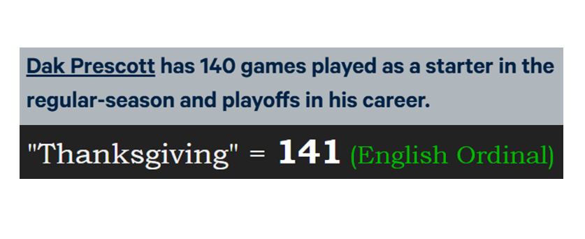 Decoding_Oz's tweet image. Dak Prescott&apos;s 141st game as a starter is on Thanksgiving.

&quot;Thanksgiving&quot; = 141