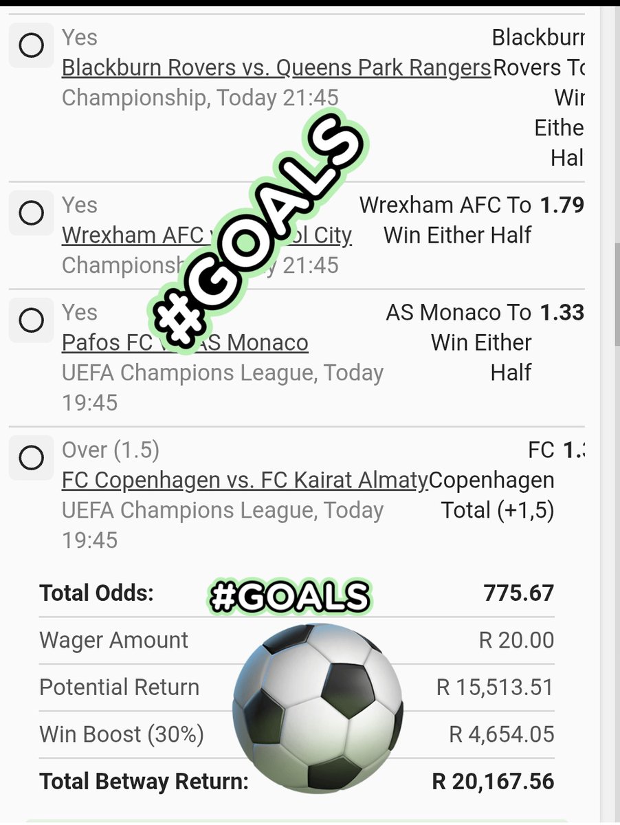 LeswiiSwaMina's tweet image. Overs GOALS and Either Half WIN 🏆 

Multi Bet betslip : BW23E8D57A new.betway.co.za/book-a-bet-res…
Kick OFF  : 19;30 ⌚️ 

Odds-ON: 775 🍏🫡