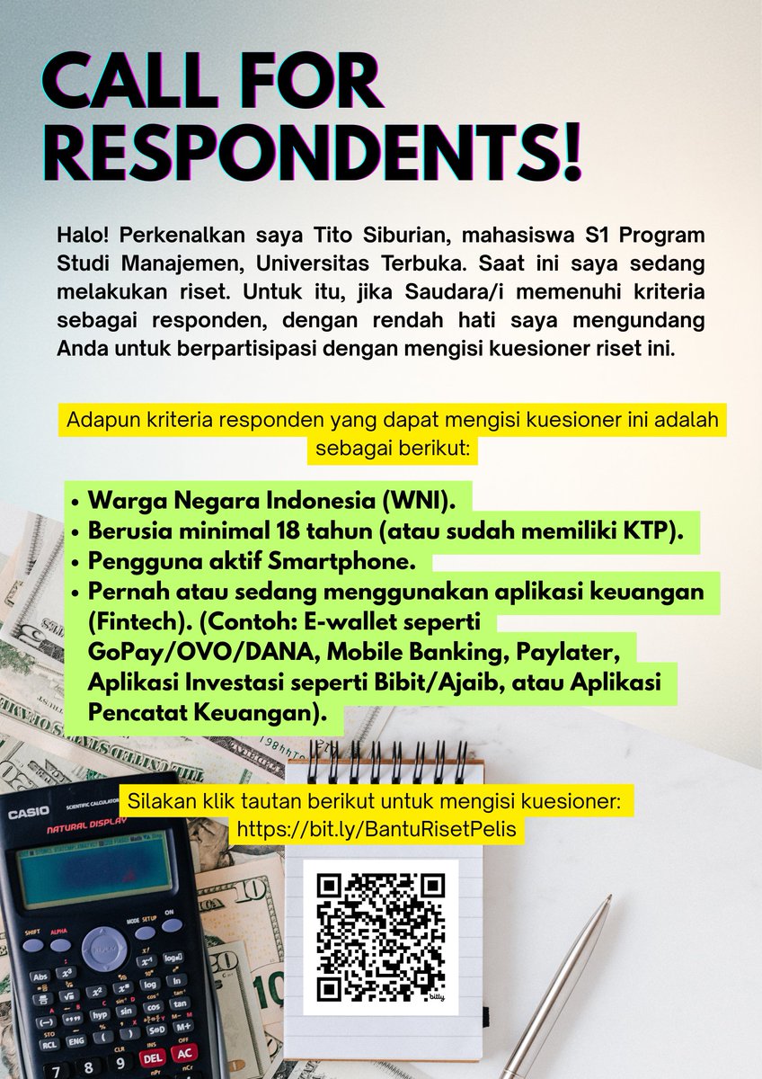 Halo Kakak-kakak yang pernah atau sedang menggunakan aplikasi keuangan (Fintech). Aku lagi melakukan penelitian, bantu isi kuisioner ku dong. 
Terima kasih yaa!
bit.ly/BantuRisetPelis
